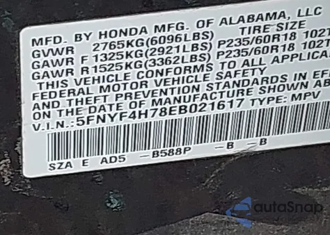 2014 Honda Pilot Ex-L из США, поврежденный, VIN 5FNYF4H78EB021617